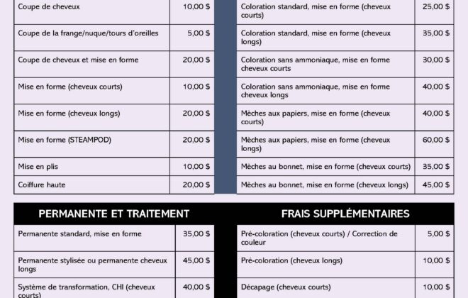 Liste ders coûts et des services offertes en Coiffure