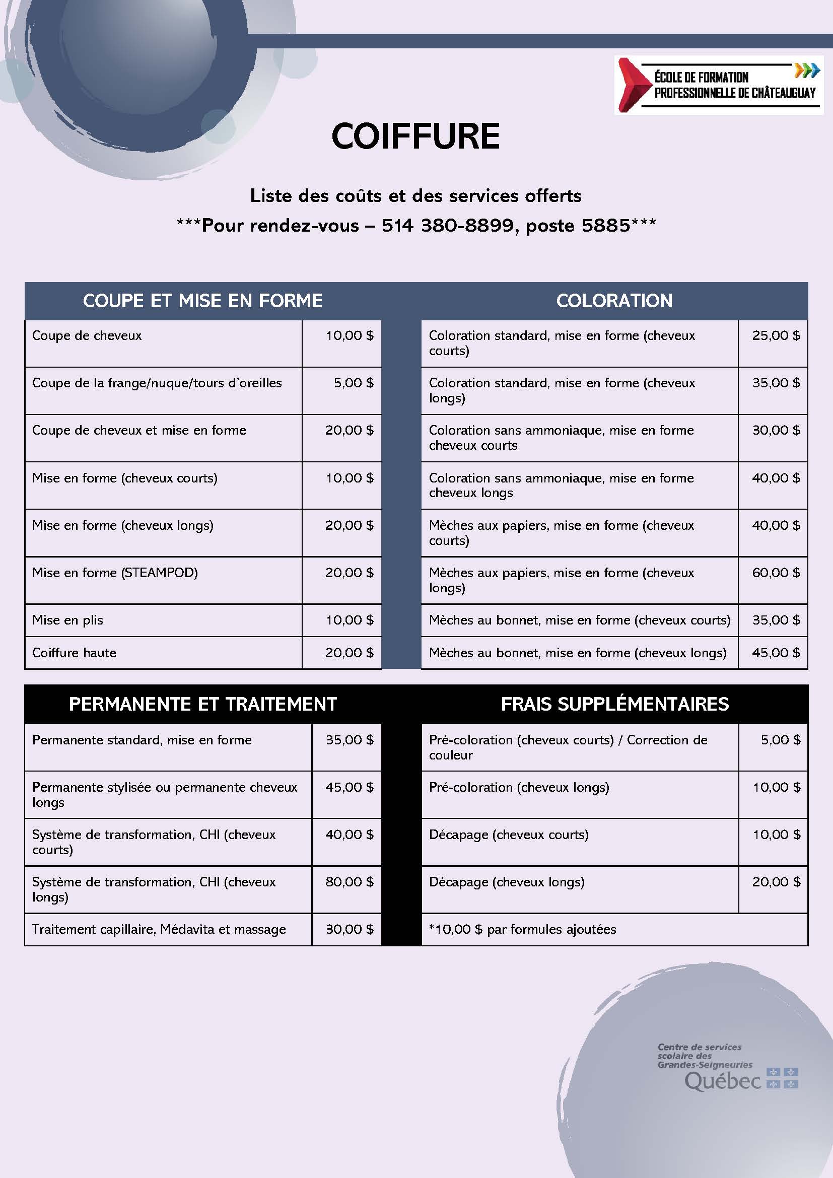 Liste ders coûts et des services offertes en Coiffure
