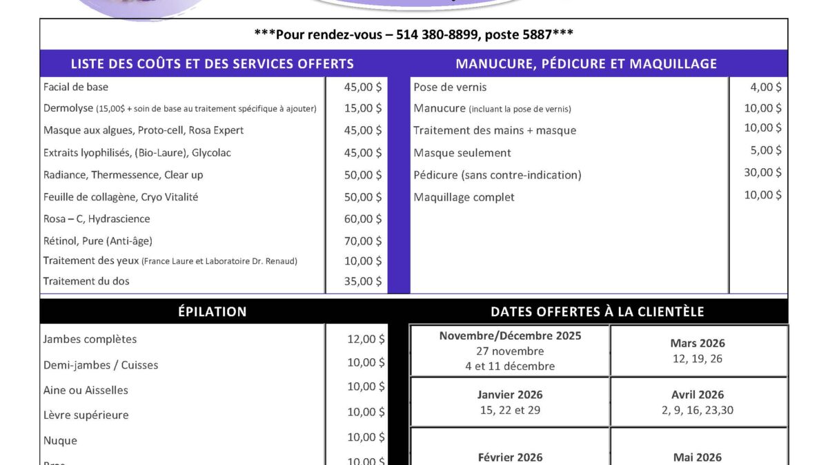 Liste des coûts et des services offerts Esthétique (2025-2026)