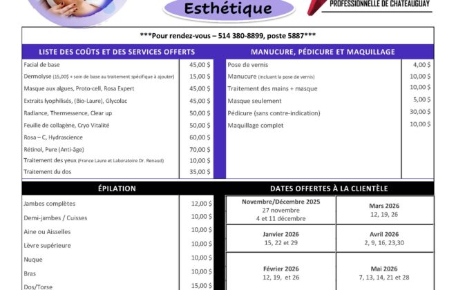 Liste des coûts et des services offerts Esthétique (2025-2026)