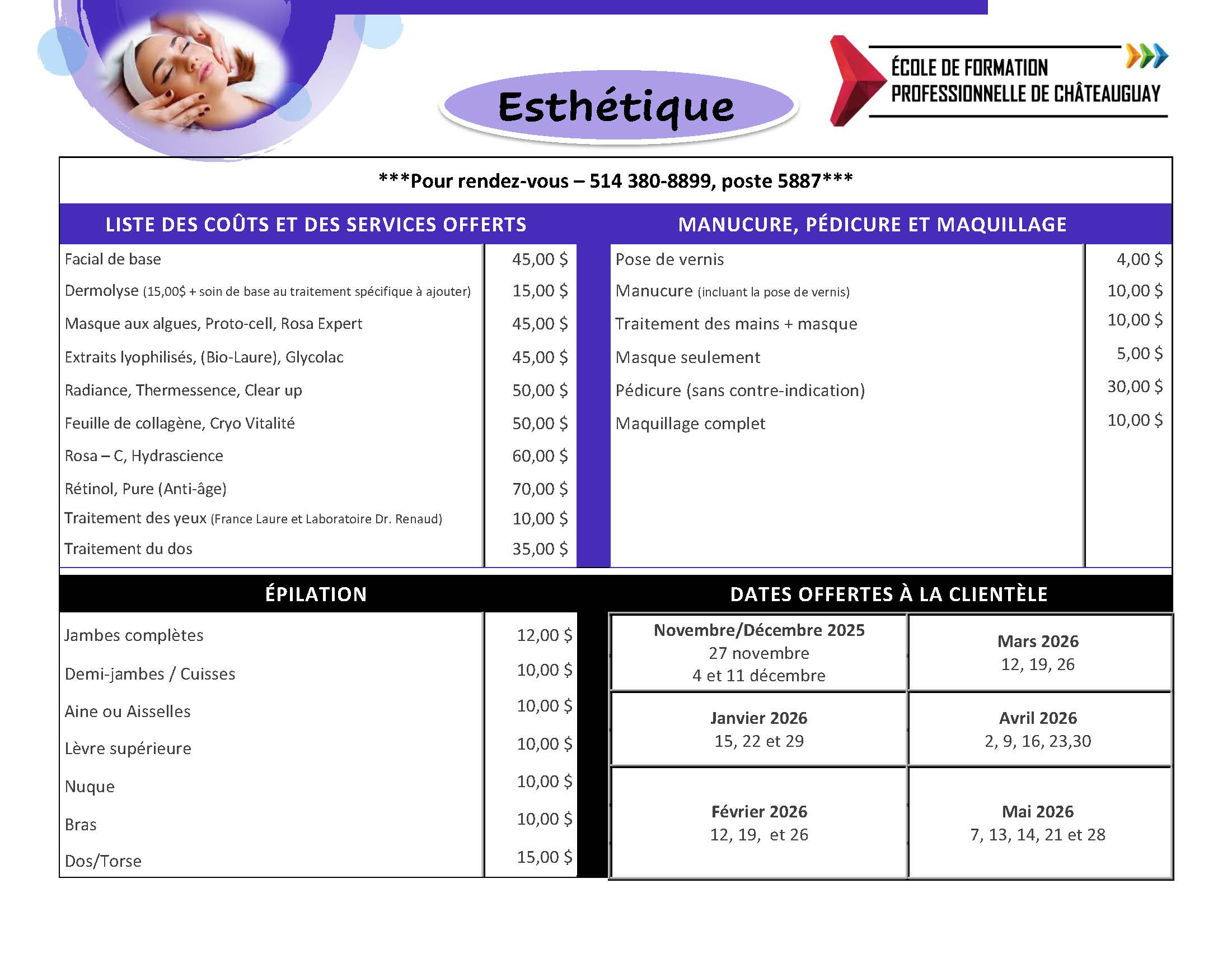 Liste des coûts et des services offerts Esthétique (2025-2026)