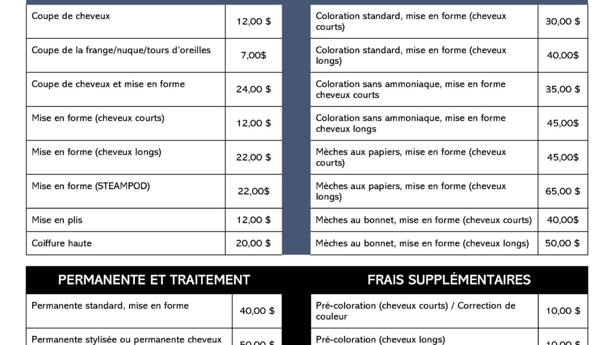 Liste des coûts et des services offertes en Coiffure