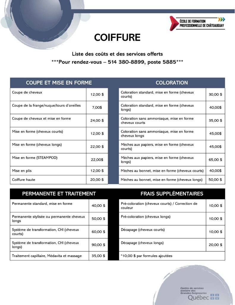Liste des coûts et des services offertes en Coiffure